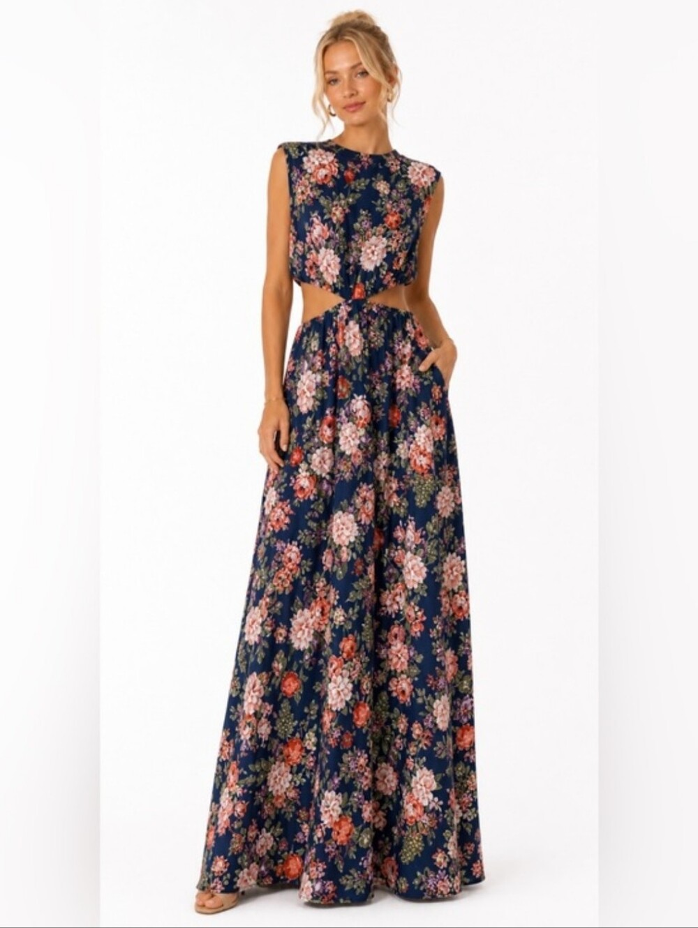 Abercrombie & Fitch Floral Fruits Cutout Maxi Dress Navy Cap Sleeve Size LT
